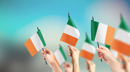 A group of people are holding small flags of Ireland in their hands.