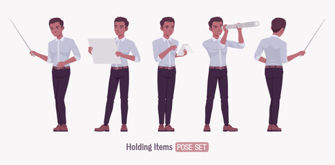 Successful handsome young man set leader coach mentor talk pose. Positive confident dark skin business man startup leader, entrepreneur, corporate project owner in formal wear. Vector illustration