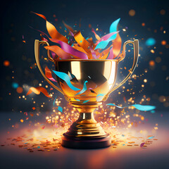 Trophy cup with colorful confetti on dark background. 3D rendering
