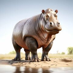 Fototapeta premium Hippopotamus standing in the mud on a sunny day.