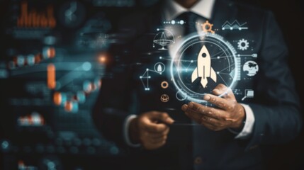 Businessman with digital interface with rocket startup, graph, diagram. Dark background