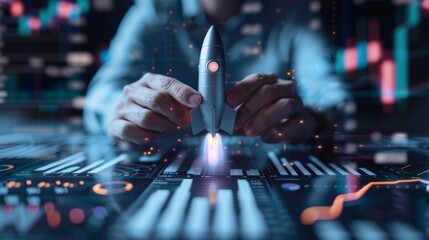 Businessman with digital interface with rocket startup, graph, diagram. Dark background
