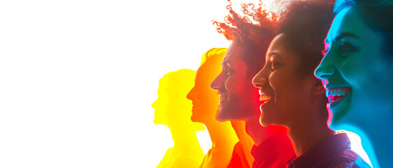 People looking in the same direction, against a white background, banner, copyspace