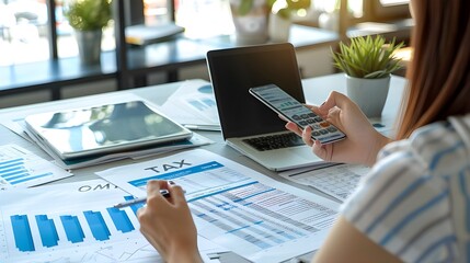 Businesswomen looking at her taxes report on a digital device , Tax Data Analysis with smartphone concept image and TAX text written