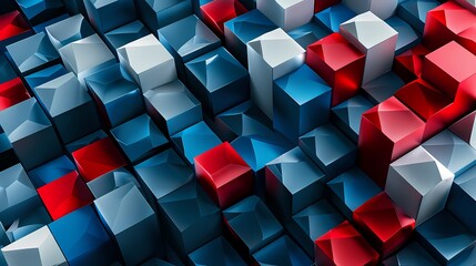 Abstract 3D Geometric Shapes in Red, Blue, and Gray Patterned Arrangement
