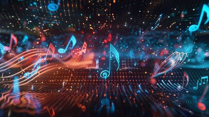 Abstract background of holographic musical notes and soundwaves with bokeh effect.