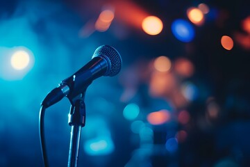 Obraz premium Close-up of a microphone on a stand with vibrant blue and orange stage lights in the background