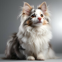 Fototapeta premium Shetland Sheepdog sitting and looking at camera on gray background