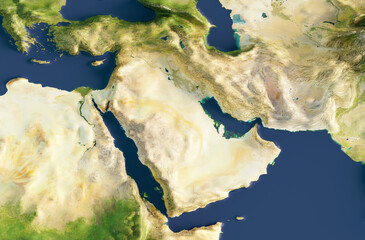 3d illustration of a map of the Middle East. Elements of this image furnished by NASA.