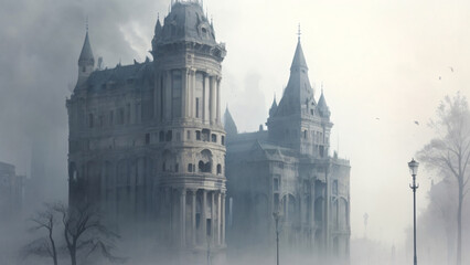 Obraz premium A Gothic castle with a towering silhouette dominates the Prague skyline at dusk