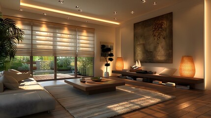 Fototapeta premium An Asian style living room with a large painting of bamboo.