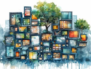 Watercolor illustration of a collage of digital windows with trees, symbolizing responsive design and user interface