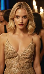 Fototapeta premium Beautiful blond sexy woman model in dress with neckline or cleavage and evening makeup on party. Generative AI