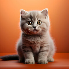 Cute little british shorthair kitten sitting on orange background