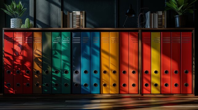 Multicolored new segregator folders stand on a shelf in a modern office