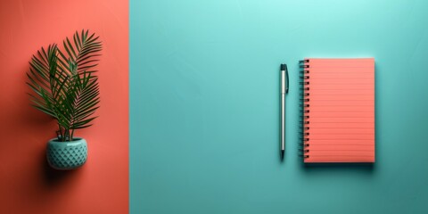 a notebook with a pen, pastel colors, copy space