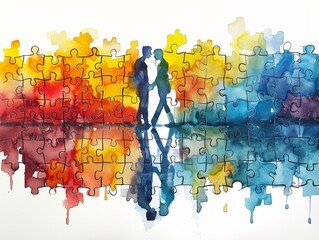 Watercolor visual of two people standing together within a colorful puzzle, symbolizing teamwork and collaboration, with vibrant shades of red, yellow, blue, and green blending harmoniously.
