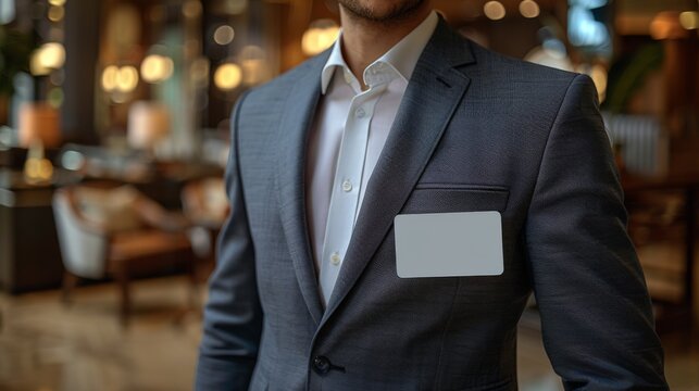 Close-up of a man in a business suit with a blank white nametag