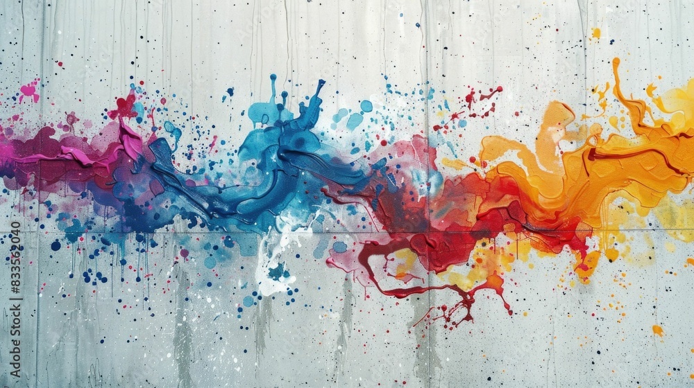 Poster vibrant and dynamic spray paint splashes and drips creating a chaotic abstract background on a concr