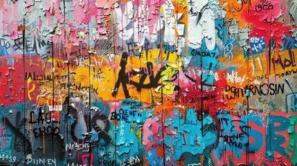 Colorful and layered graffiti collage featuring a chaotic blend of street tags symbols and paint textures against an urban wall background This vibrant and expressive artwork captures the essence of