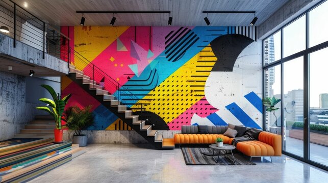 Vibrant and modern abstract wall murals featuring bold geometric patterns and eye catching color schemes creating a dynamic and visually striking backdrop for any interior space whether a home office