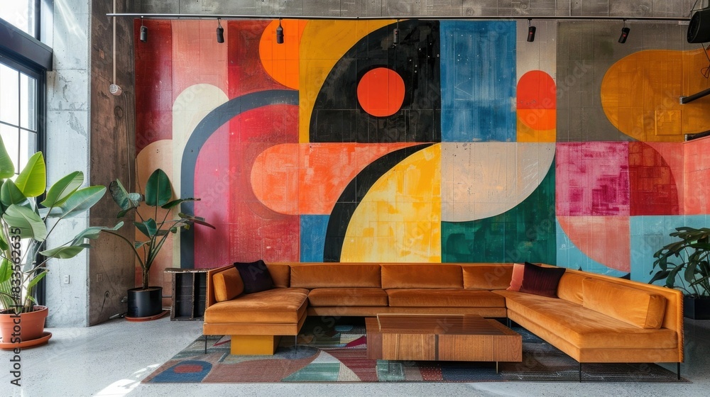 Poster vibrant and dynamic abstract geometric wall mural featuring a bold color scheme of oranges pinks blu