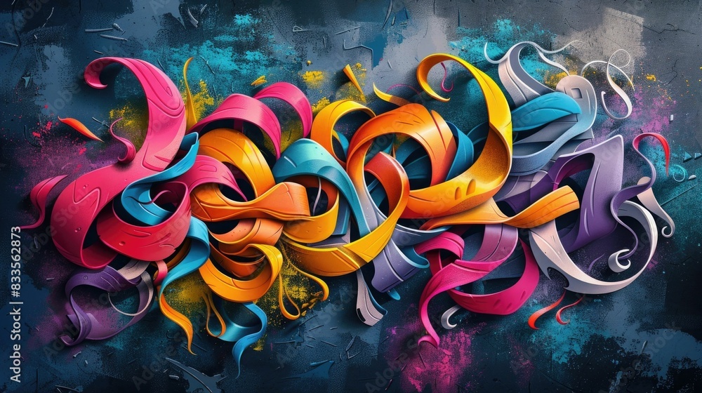 Aufkleber vibrant and intricate graffiti typography featuring flowing multicolored letters in a dynamic abstra