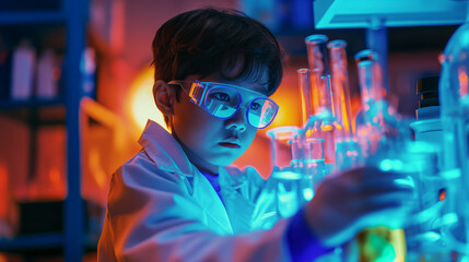 Obraz premium futuristic asian kid scientist in modern scientific lab setting, in the style of darkest academia, wide angle photography, in the style of light teal and orange, futurist dynamic movement , copy space