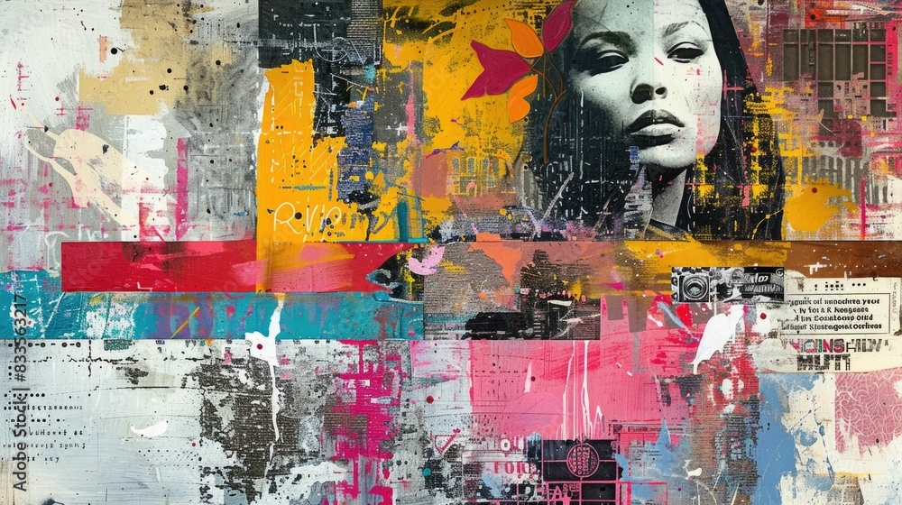Poster vibrant layered collage with overlapping symbols and styles in a grunge abstract composition