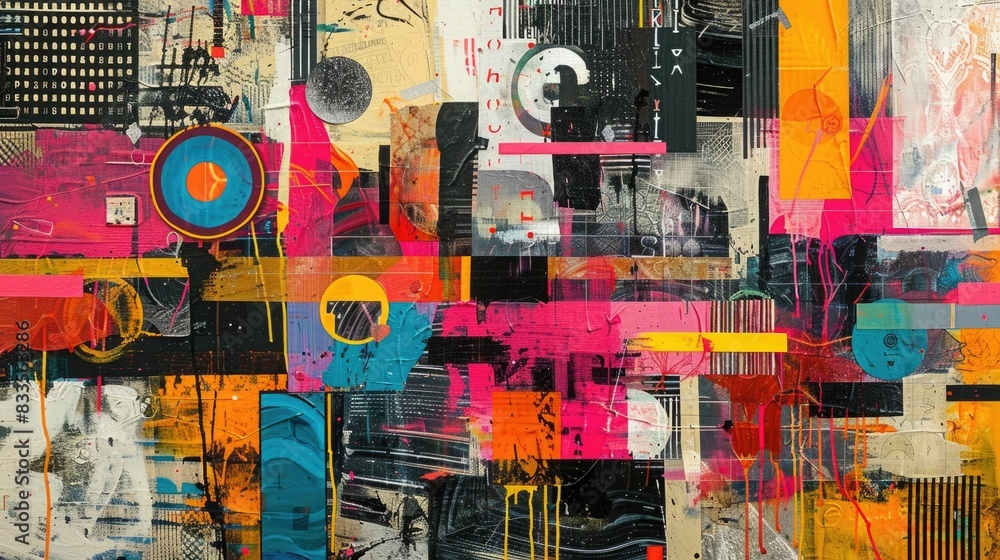 Aufkleber layered tag collage with overlapping names symbols and textures in a vibrant contemporary and experi