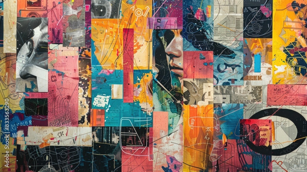 Aufkleber layered collage of overlapping graphic symbols text and abstract patterns in vibrant textured compos