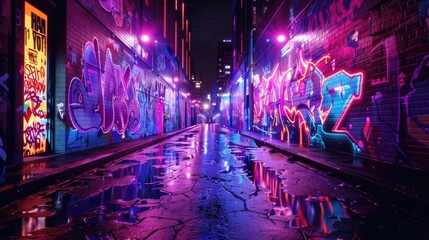 Obraz premium Neon Graffiti Splash Illuminating Dark Alley with Glowing Colors and Sharp Lines Vibrant Urban Street Art Scene with Reflections and Atmospheric Lighting