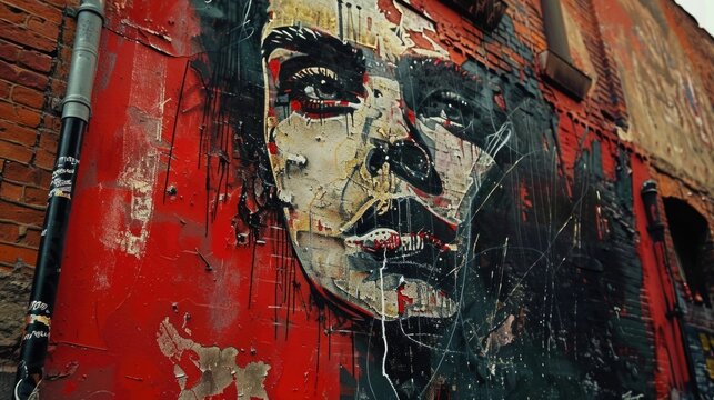 Captivating urban graffiti mural featuring a bold graphic facial portrait with striking emotive expressions and thought provoking messaging This edgy gritty street art piece conveys a powerful