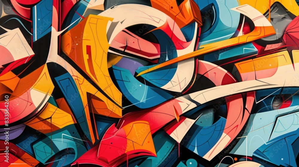 Poster vibrant wildstyle graffiti lettering featuring a complex interwoven design of abstract shapes bold c