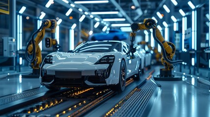 A finished passenger car goes on an automated conveyor belt at an automobile factory