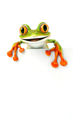 Obraz premium Smiling cartoon frog holding blank sign.