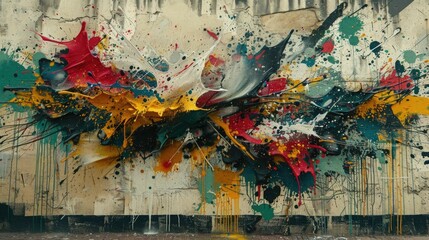 Vibrant Graffiti Inspired Paint Explosion with Bursts of Abstract Color and Shapes on Wall Dynamic Expressive and Urban Wall Mural or Backdrop