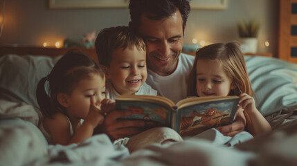 Father reading bedtime stories to children