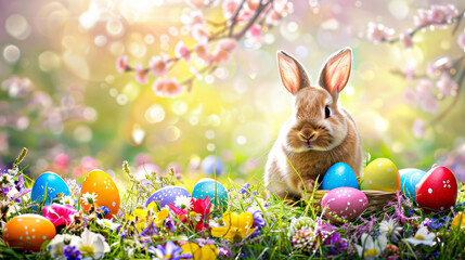 Cute bunny sits among colorful Easter eggs in a flower field.