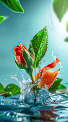 Rose bud blooming in water splash.