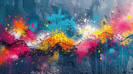 Vibrant graffiti paint explosion with bursts of colorful abstract shapes splatters and drips on an urban wall background Energetic and expressive digital art with a dynamic modern and experimental
