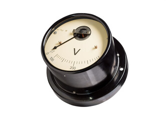 Vintage analog voltmeter with a black casing and a white faceplate. Faceplate has calibration marks and a needle pointer. “V” indicating it measures voltage. Placed against a white background