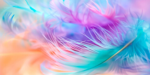 Pastel feathers close-up, soft focus, vibrant colors.