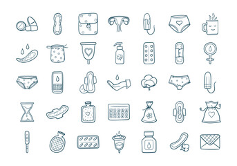 Set of woman's hygiene  menstruation period icons in doodle outline. Feminine products, menstrual protection elements. Tampon, womb, cup, reusable pads and panty. Isolated sketch vector illustration