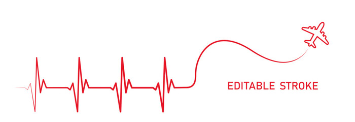 Editable lines heart rhythm illustration with airplane vector design to use for healthcare, business idea, healthy lifestyle, brainstorm concept illustration projects. 