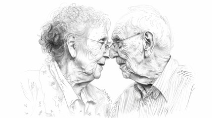 Beautifully hand drawn portrait depicting the enduring love and companionship of an elderly couple showcasing the deep bond and lifelong connection forged through the journey of old age