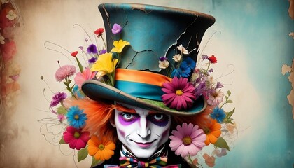 Close-up of a cracked colourful vintage top hat amidst whimsical flowers. Mad hatter vibe background 