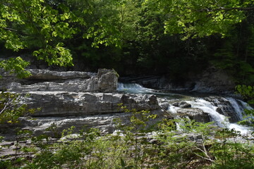 The beautiful waterfall among the rocks on the Sorachi river in Hokkaido Japan