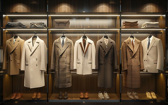 High-end fashion store featuring elegant jackets, coats, and blazers in white, beige, brown, and black, displayed on a sleek black rail