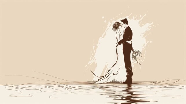 Elegant One Line of a Wedding Couple Embracing and Celebrating the Beautiful Union of Their Marriage with Simplistic Grace and Intimacy